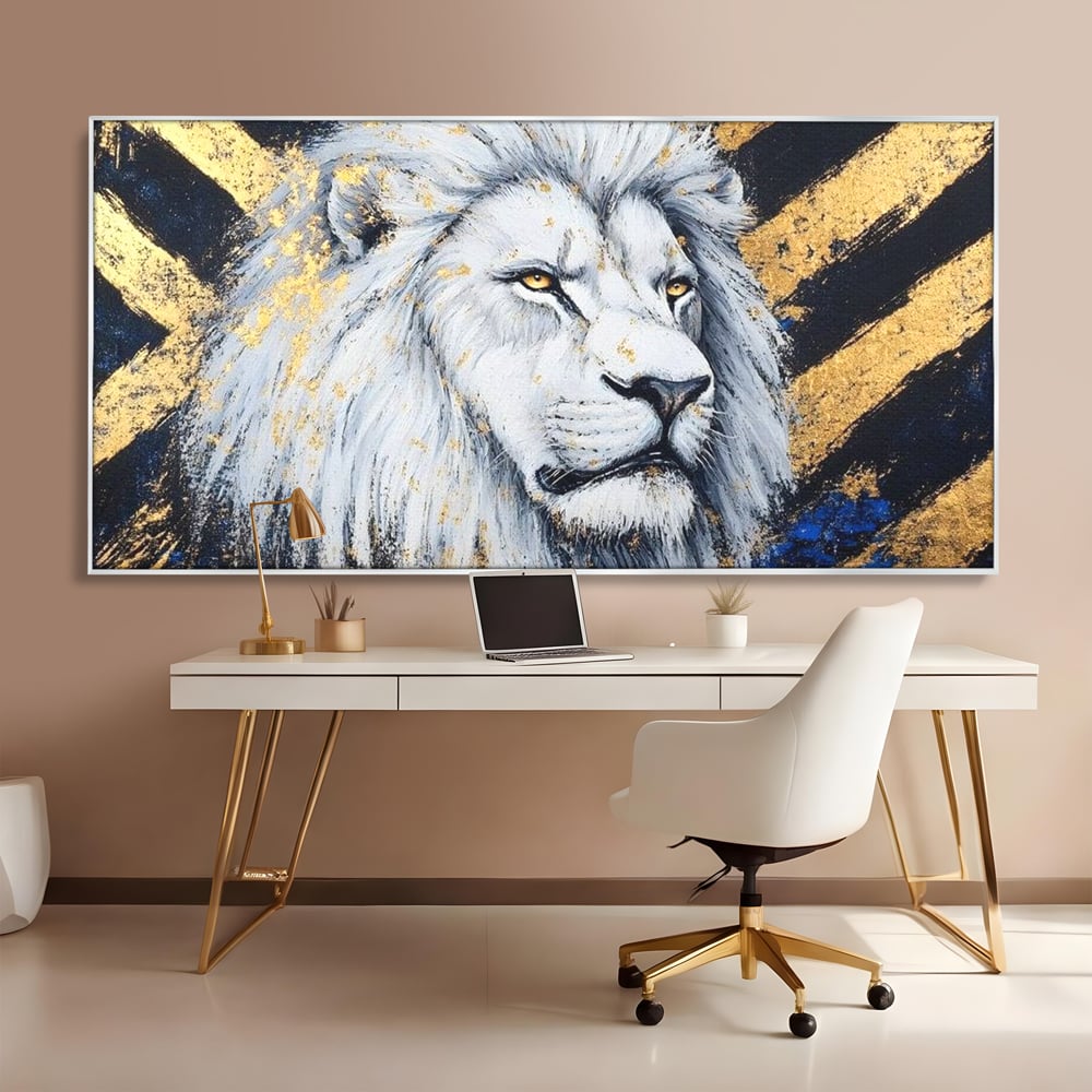 Tablou canvas cu tablou canvas cu leu alb si accente aurii, in rama de aluminiu argintiu, pe perete intr-un birou